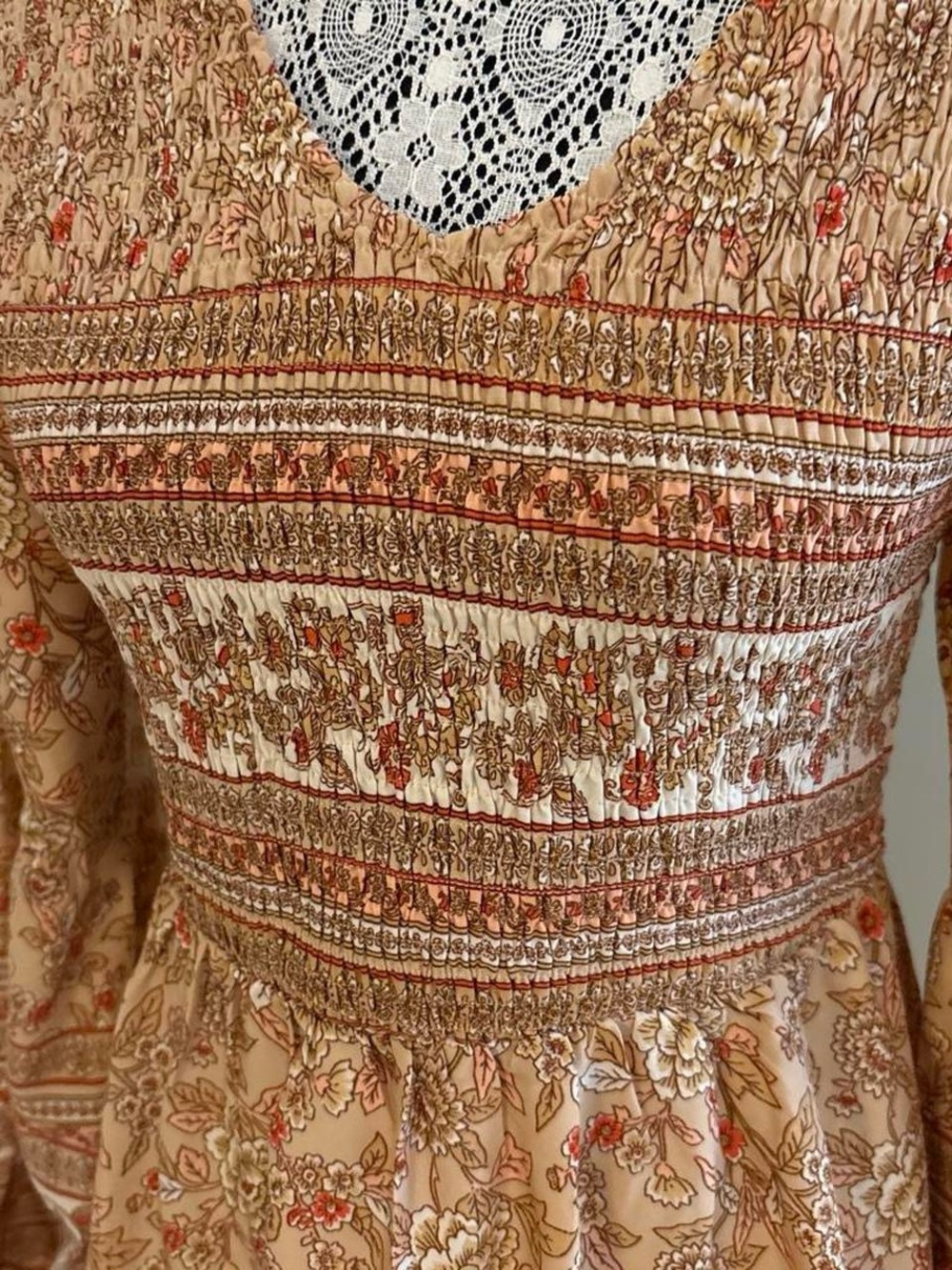 Boho Floral Long-Sleeve Mini Dress in Brown and Cream - Picture 3 of 4